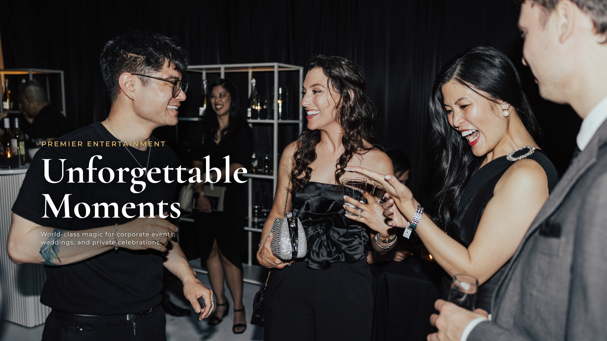 Seattle magician Travis Kim performing close-up magic for guests at a Seattle event, engaging the audience with sleight-of-hand.
